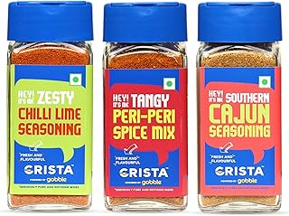 CRISTA International Seasonings Combo Pack - 6 | Cajun Seasoning x 1, 45 gms | Chilli Lime Seasoning, 50 gms | Peri Peri Mix x 1, 45 gms | Zero added Colours, Additives & Preservatives | Pack of 3